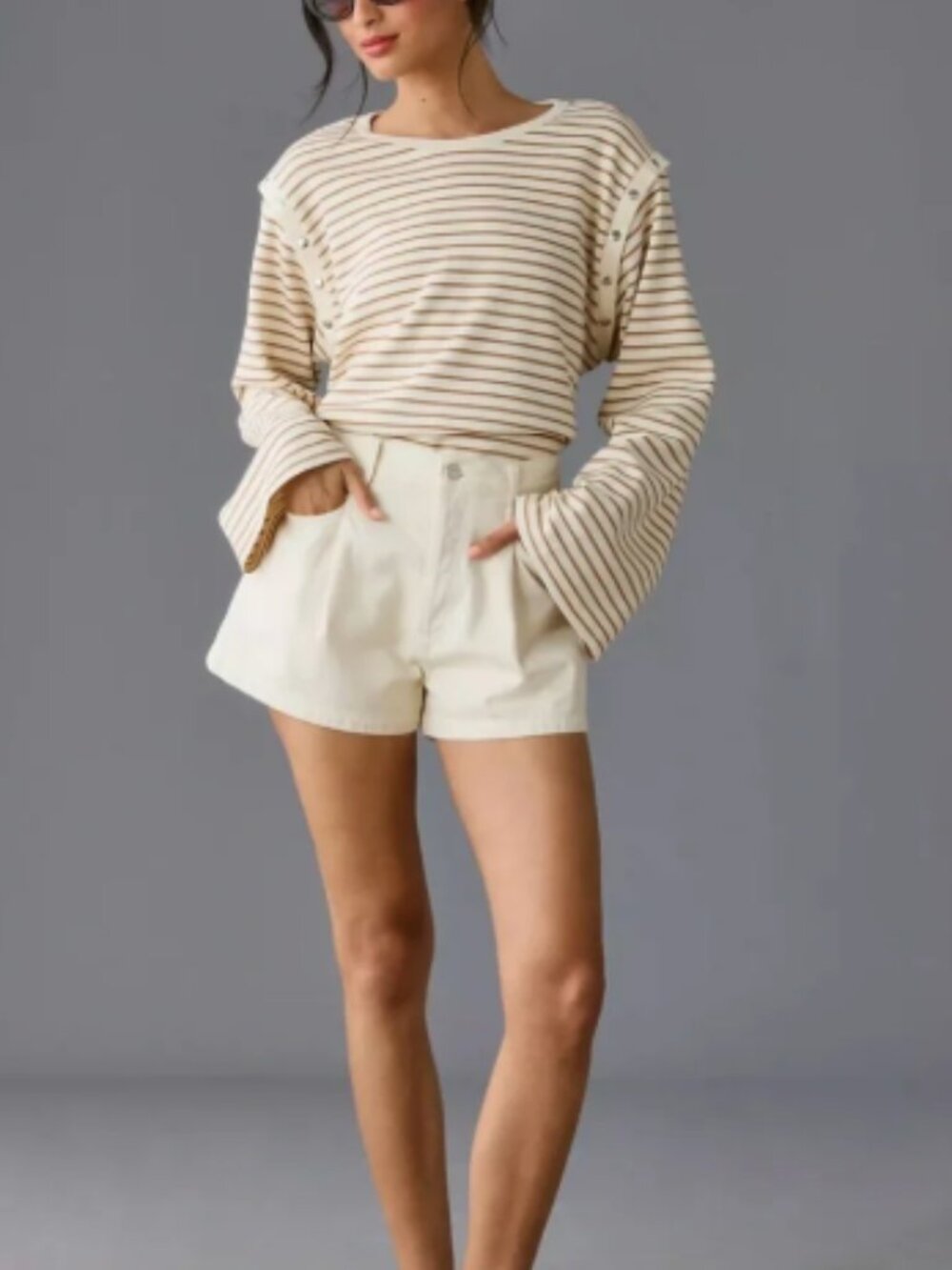 Maeve by Anthropologie Striped Long Sleeve Top with snap Button Detail Sz Small